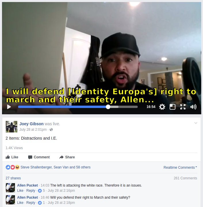 Extremely violent avowed white nationalist Allen Pucket, who has frequently helped neo-Nazis to assault activists, is one of Joey Gibson's most steadfast supporters. Gibson has accompanied him to incite violence against Portlanders at  #PridePDX  https://rosecityantifa.org/articles/allen-pucket/