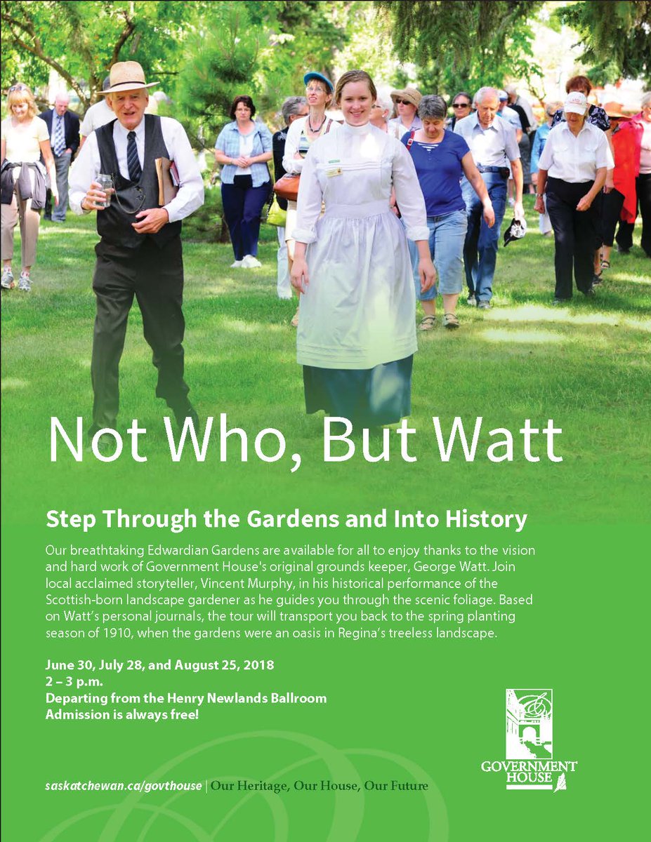Join us for a rich, historic horticultural experience. July 28, 2-3 pm. An actor portraying original GH gardener, George Watt, guides you through the scenic Edwardian Gardens of the early 1900's when they were a lush oasis among Regina’s treeless landscape. #GHmagic #seeYQR