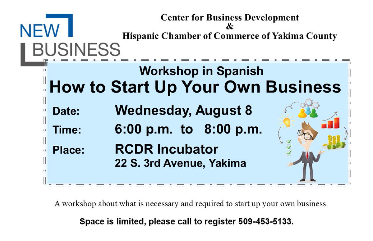 CenterforBusDev's tweet photo. Want to learn How To Start Your Own Business? This workshop is for you, please call to register at 509-453-5133. https://t.co/SnzIJfchJP