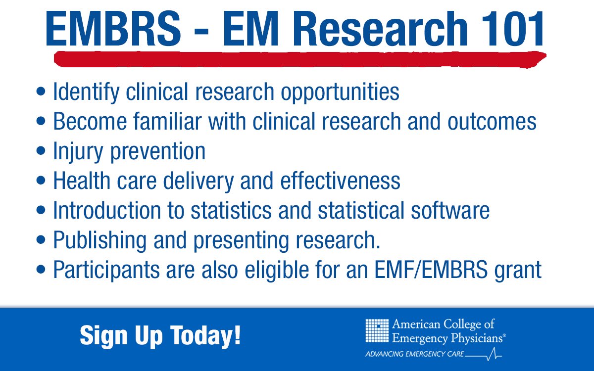 ACEPNation's tweet image. Research can be intimidating - where do you even start?
Easy - start with EMBRS! 

EMBRS still has a few seats left for the 2018-19 year. Sign up today: ow.ly/yiUC50i2kUf

@alimkakeng @GaryGChimesIn @LorenRives #EMresearch #EMBRS #MedEd #