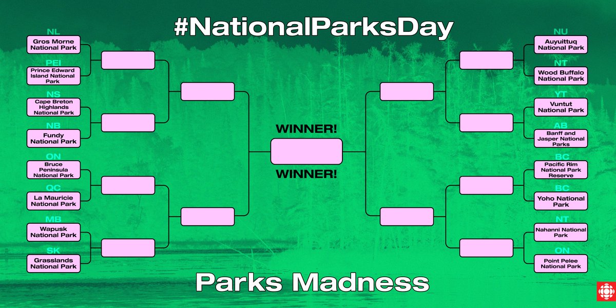 CBC's tweet photo. July 21st is #ParksDay so we chose 16 of Canada's 47 stunning National Parks to compete in #PARKSMADNESS 🌲🌊🦋

Scroll down to cast your votes and chime in on your faves as we strive to determine Canada's best (keeping in mind they are obviously all winners) https://t.co/EpHhzzjL1e