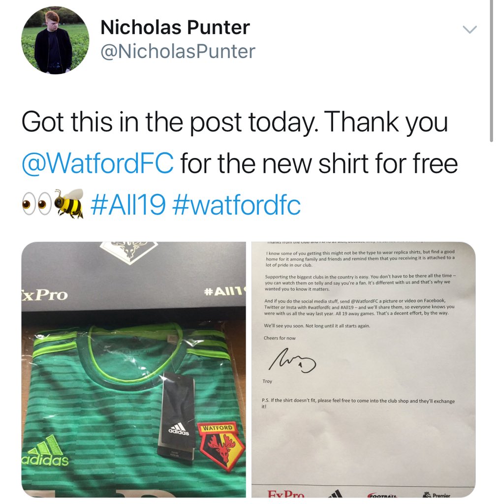theawayfans's tweet photo. Touch of class here by @WatfordFC, they’ve given every supporter that attended all 19 Premier League away games last season with their new away top. Brilliant idea and a great reward for those fans backing last season. 👏🏼 #All19 https://t.co/YqwQbNi0nL