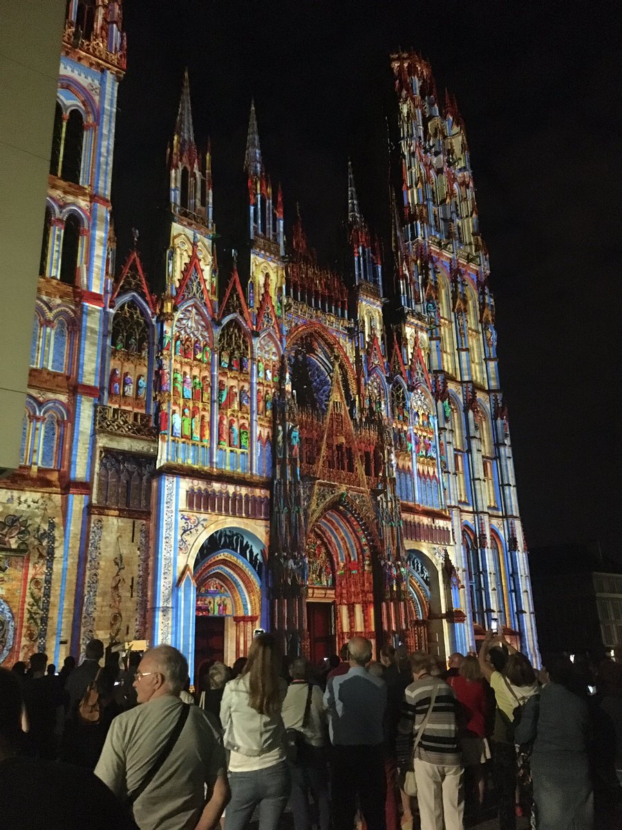 Amazing  Lumière display on Rouen Cathedral - a real treat on our evening strolls through the city for the last couple of days. #lumiere #RomseyinRouen2018 #France #coloursandlights #cathedral