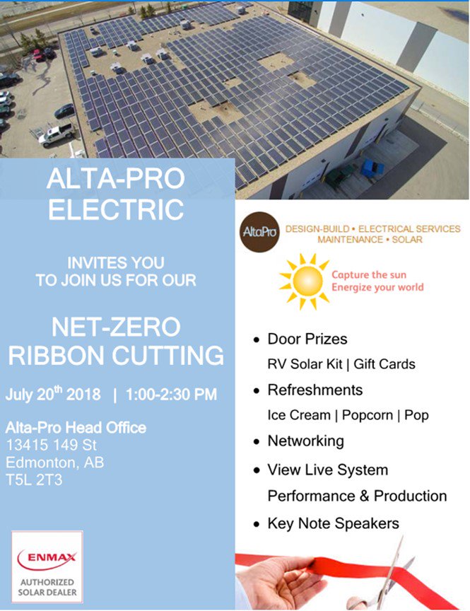 Come out and enjoy novelties and refreshments today! Attend our ribbon cutting event at 1pm and see how  @efficiencyAB can help you #capturethesun.  View the production and performance of our 217KwP Solar Array system. #altasolar #Energizeyourworld <a href="/JeanetteDeBruin/">Jeanette DeBruin</a>  <a href="/AltaPro_Bert/">Bert De Bruin</a>