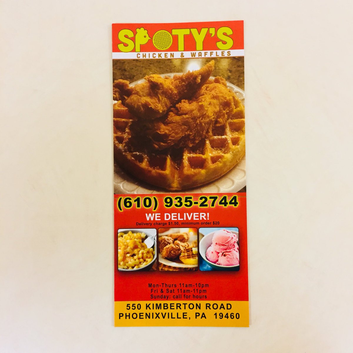 SPOTYSCHXWAFFLE's tweet image. See @SPOTYSCHXWAFFLE menu below. Eat - In, Pick-Up, Delivery #Spotys #ChickenandWaffles #IceCream #FreshFriedChicken #NeverFrozen #WeDeliver