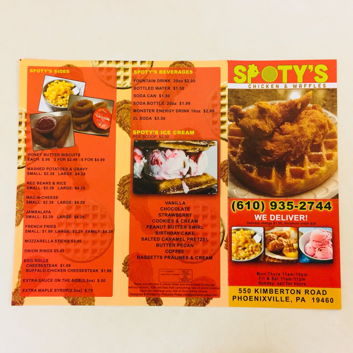 SPOTYSCHXWAFFLE's tweet image. See @SPOTYSCHXWAFFLE menu below. Eat - In, Pick-Up, Delivery #Spotys #ChickenandWaffles #IceCream #FreshFriedChicken #NeverFrozen #WeDeliver