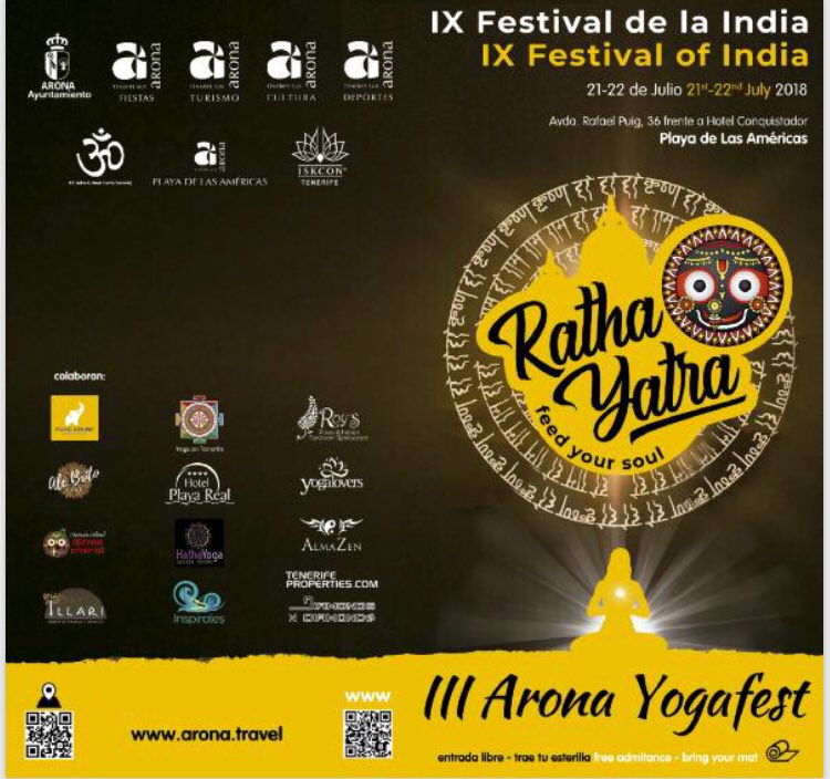 El Domingo de 11.00 a 13.00 horas, estaremos en la Milla de Oro de Las Américas, llevando en directo una nueva edición del Ratha Yatra. Vente y disfrútalo con nosotros. <a href="/AytoArona/">Ayuntamiento Arona</a>