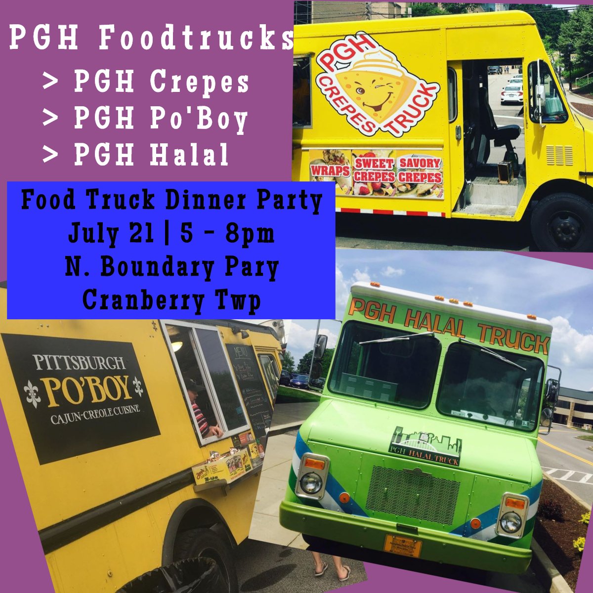U can't spell #Pittsburgh w/o an H, &amp; u can't have a <a href="/FoodTruckDP/">FoodTruckDinnerParty</a> w/o <a href="/PGHHALALFOOD/">PGH HALAL TRUCK</a>, <a href="/pghpoboy/">Pittsburgh Po'boy</a>, &amp; <a href="/pghcrepes/">PGH Crepes</a> 
Sat., 7/21 from 5 - 8pm at N. Boundary Park in <a href="/cranberry_twp/">Cranberry Township</a> as part of the <a href="/RFLCranberry/">RFL Cranberry</a> event. No admission. Free parking. EVERYONE WELCOME!
#PGH #weekend #dinner