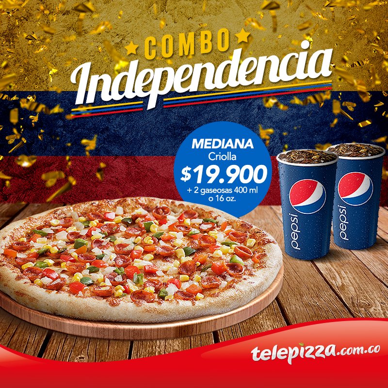 TelePizzaCol's tweet image. Los sabores típicos de Colombia se disfrutan también en Telepizza 🍕🇨🇴. Festeja junto a nosotros nuestra Independencia y no te pierdas la mejor promo para compartir con tus familiares y amigos 😊. Pide en telepizza.com.co al 7490505 en Bogotá y al 6045959 en Medellín 🎉