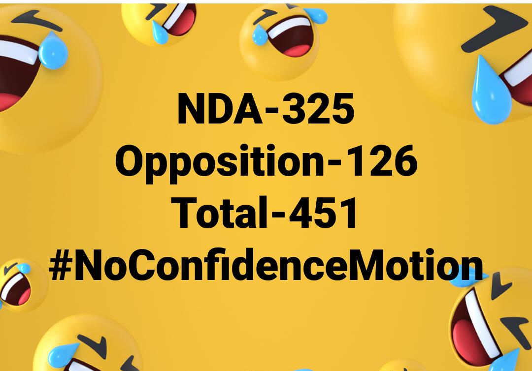 sdeo76's tweet image. NDA-325
Opposition-126
Total-451
#NoConfidenceMotion #NoConfidencePolitics #ModiTrustVote #IndiaTrustsModi #BhookampAaGaya