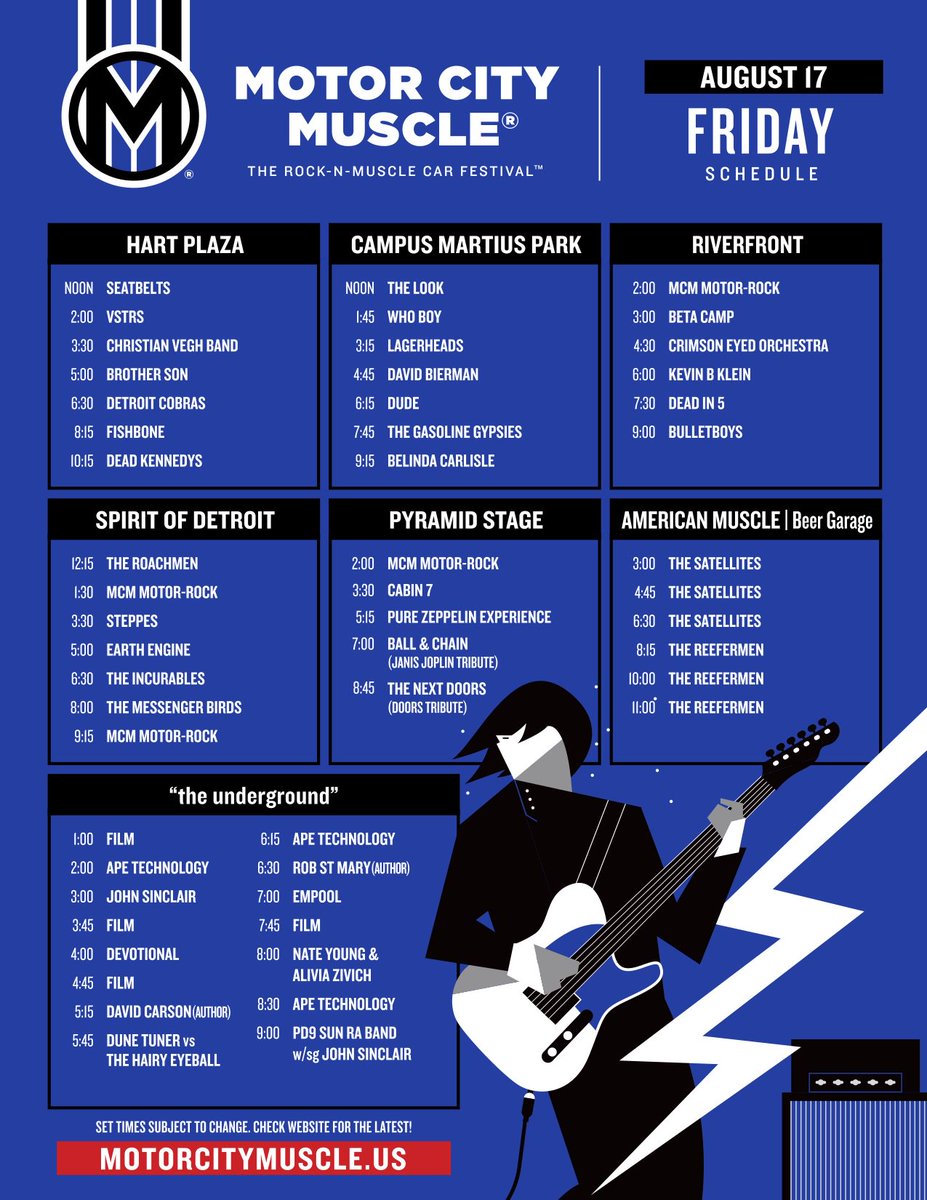 MotorCityUS's tweet photo. FULL SCHEDULE
MOTOR CITY MUSCLE® 2018
AUGUST 17 18 19
Over 120 free-of-charge performances including Ace Frehley, @belindaofficial, @TheBulletBoys, @DeadKennedys, Death, @FishboneSoldier, Iceage, @iseestarsmusic, @mollyhatchet, Reverend Horton Heat, Sponge, Warrior Soul https://t.co/BUyYWyyu6q