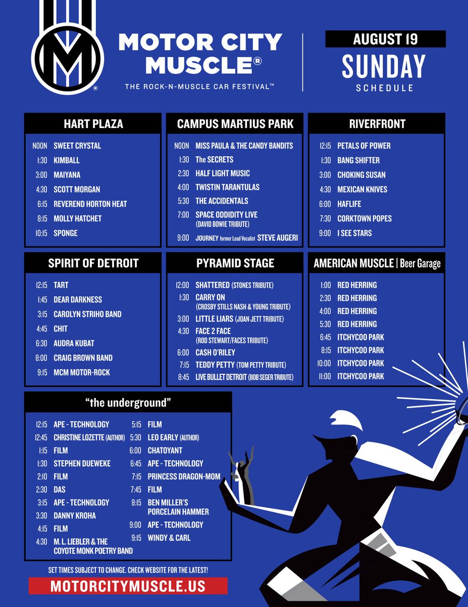 MotorCityUS's tweet photo. FULL SCHEDULE
MOTOR CITY MUSCLE® 2018
AUGUST 17 18 19
Over 120 free-of-charge performances including Ace Frehley, @belindaofficial, @TheBulletBoys, @DeadKennedys, Death, @FishboneSoldier, Iceage, @iseestarsmusic, @mollyhatchet, Reverend Horton Heat, Sponge, Warrior Soul https://t.co/BUyYWyyu6q