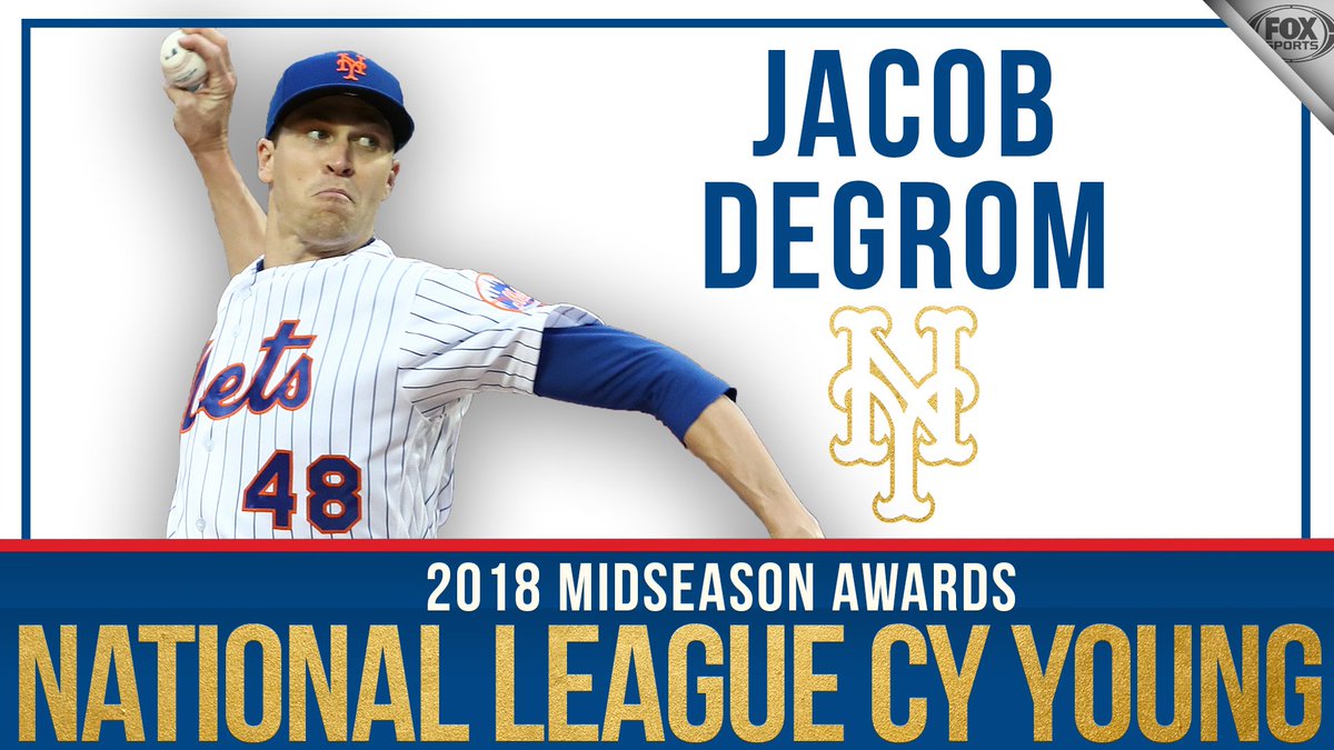 MLBONFOX's tweet photo. New York @Mets P Jacob deGrom is your first half NL Cy Young Winner! 
As voted on by the MLB on FOX fans. https://t.co/wSFkoHSnzJ