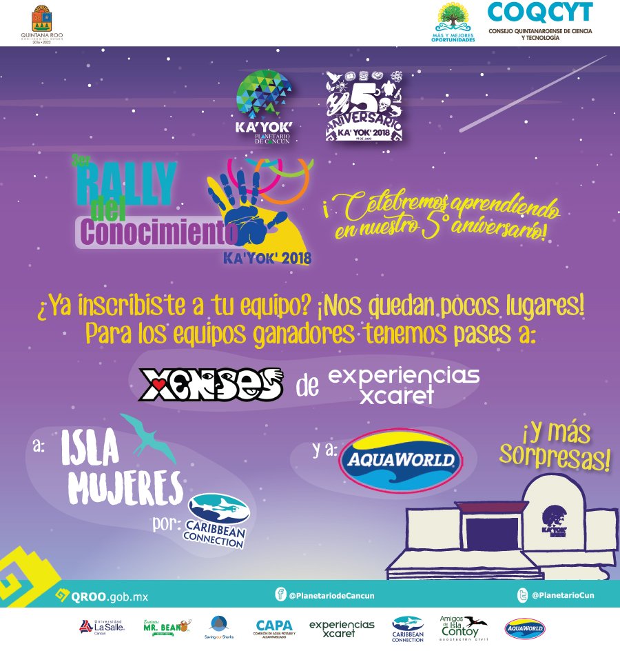 PlanetarioCun's tweet photo. Viernes 20 y Sáb 21 jul @PlanetarioCun sigue con el 5to #Aniversario Con la conferencia del viernes, la proyección "Arqueoastronomía Maya", desde las 6pm y el sábado, el rally, desde 9 am Llega 8:30am al registro
@VivoEnCancun #Kayok #KayokSomosTodos @Love_Cancun @Agenda_Libre https://t.co/Cu3XWKws6w