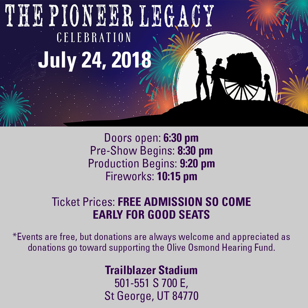 ViewOnMagazine's tweet image. This production is based on Merrill Osmond's strong belief that today’s youth are the hope and future of tomorrow. Featuring 100+ youth that will dance, sing, and re-enact the stories of the pioneer trek West and their attempt to settle the untamed valley. #OliveOsmondHearingFund