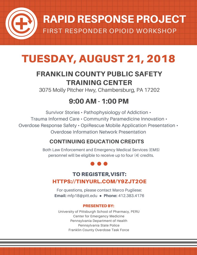 🚨ATTENTION🚨: First Responders and EMS

Please Register for the Rapid Response Project: South Central PA Opioid Workshop. This workshop will take place in Franklin County on August 21, 2018!

4 EMS/LE ConEds offered!!

TINYURL.COM/Y9ZJT2OE