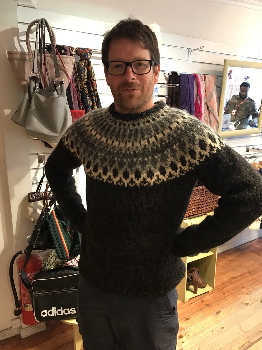 AHSIceland's tweet photo. Mr Dodson looking rather pleased with his new Icelandic jumper. #brokethebank #MrDlovesknitwear https://t.co/nLLJUpIjz9
