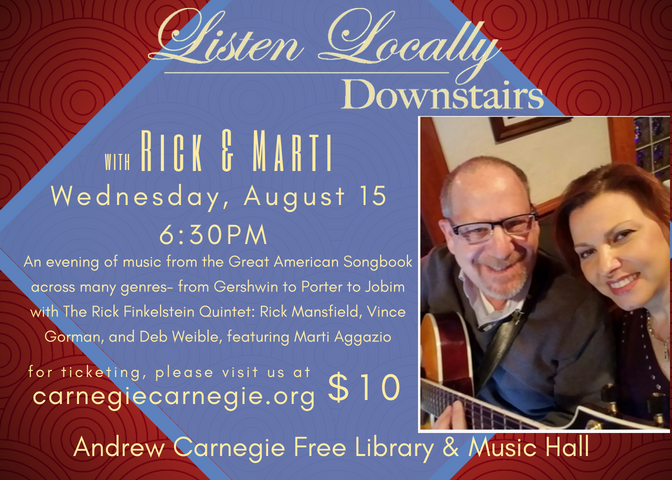 acfl_mh's tweet photo. Our Listen Locally Downstairs series continues Wednesday, August 15th at 6:30pm with Rick &amp; Marti. If you're a jazz fan and looking to kick the mid-week blues come visit us for the show! #carnegiecarnegie https://t.co/aPvvPufPOB