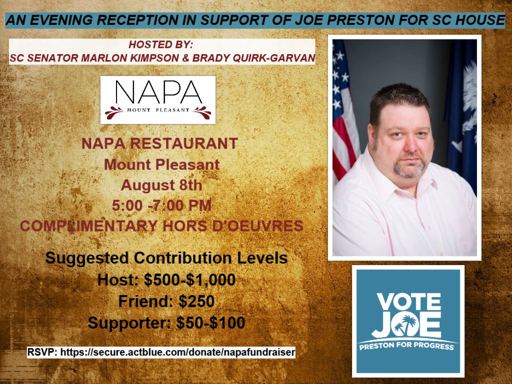 preston4progres's tweet photo. Join @KimpsonForSC & @bradyqg as they host a Fundraiser for Joe Preston for SC at Napa in Mt. Pleasant on 8/8 5PM. #prestonforprogress @IslandEyeNews @MoultrieNews @HolyCitySinner https://t.co/0NhwdQmizR https://t.co/I88Cueiaze