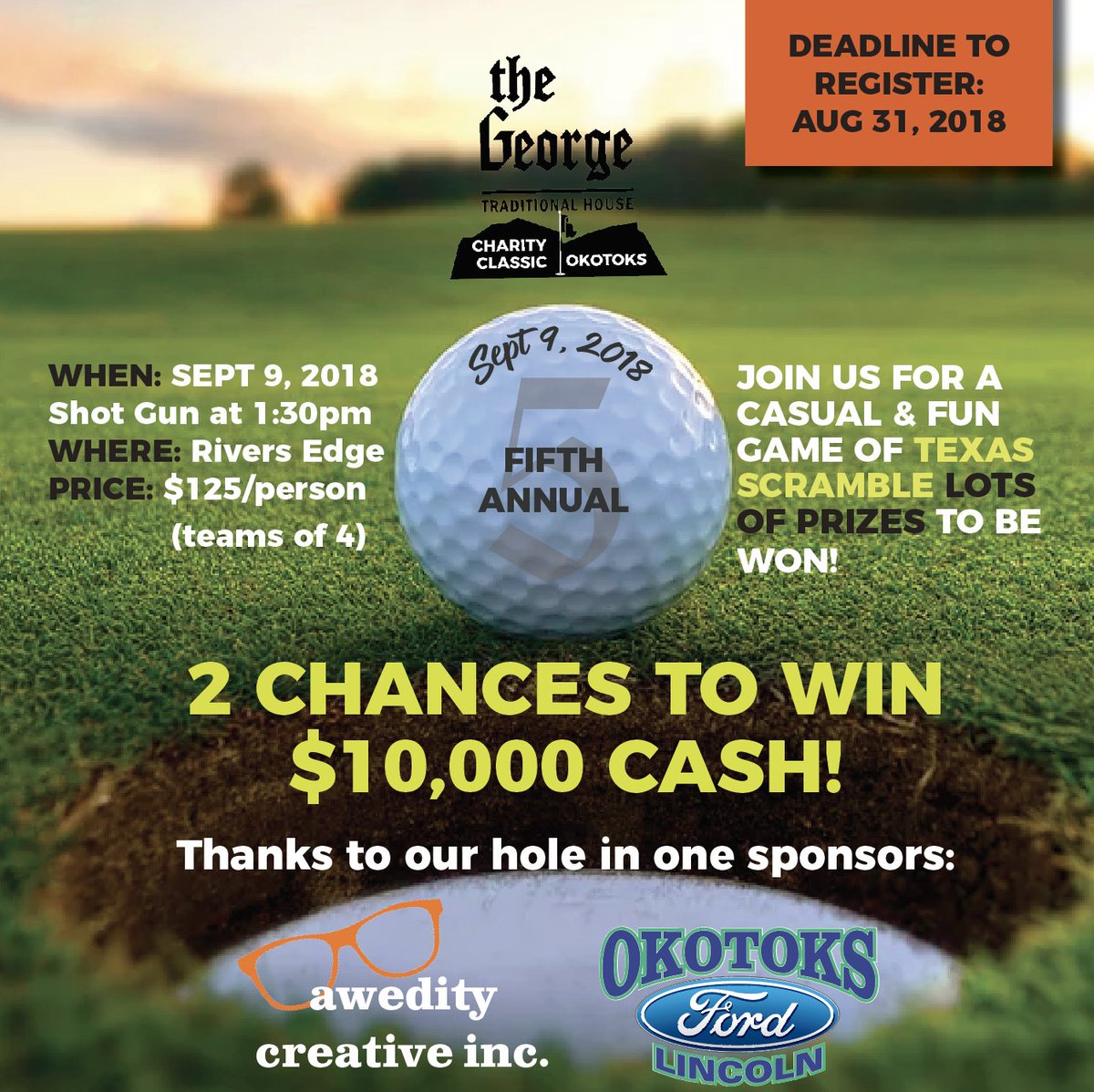 REGISTRATION IS OPEN! Mark your calendars, September 9th is the big day when you could win $10,000! Thanks to <a href="/awedity/">awedity creative</a> and <a href="/OkotoksFord/">Okotoks Ford</a>! #golf #charity #funandgames