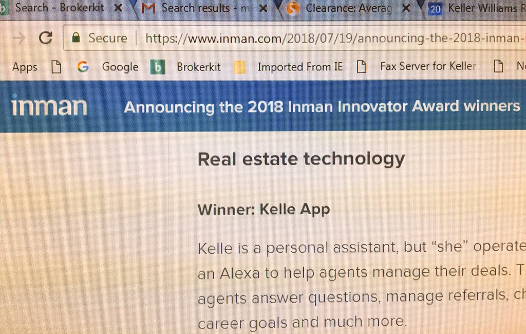 kav01450's tweet photo. Congrats to @kwri for receiving the @InmanNews innovator award for the Kelle app. (Keep rocking Josh Team) Thanks also to @bradInman for sparring with Gary Keller and allowing him to educate us all. #StillRelevant #RealEstate #InmanConnect2018 https://t.co/vHOmfGGtvj