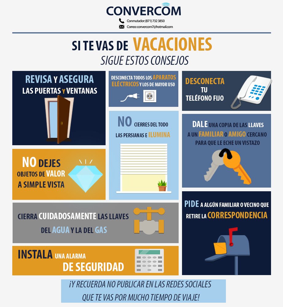VACACIONES? ✈️ 
No olvides estos #Tips que te ayudaran a mantener tu casa segura y libre de robos.

#BuenViernes #vacaciones #Seguridad #antirobo #infografia #convercom