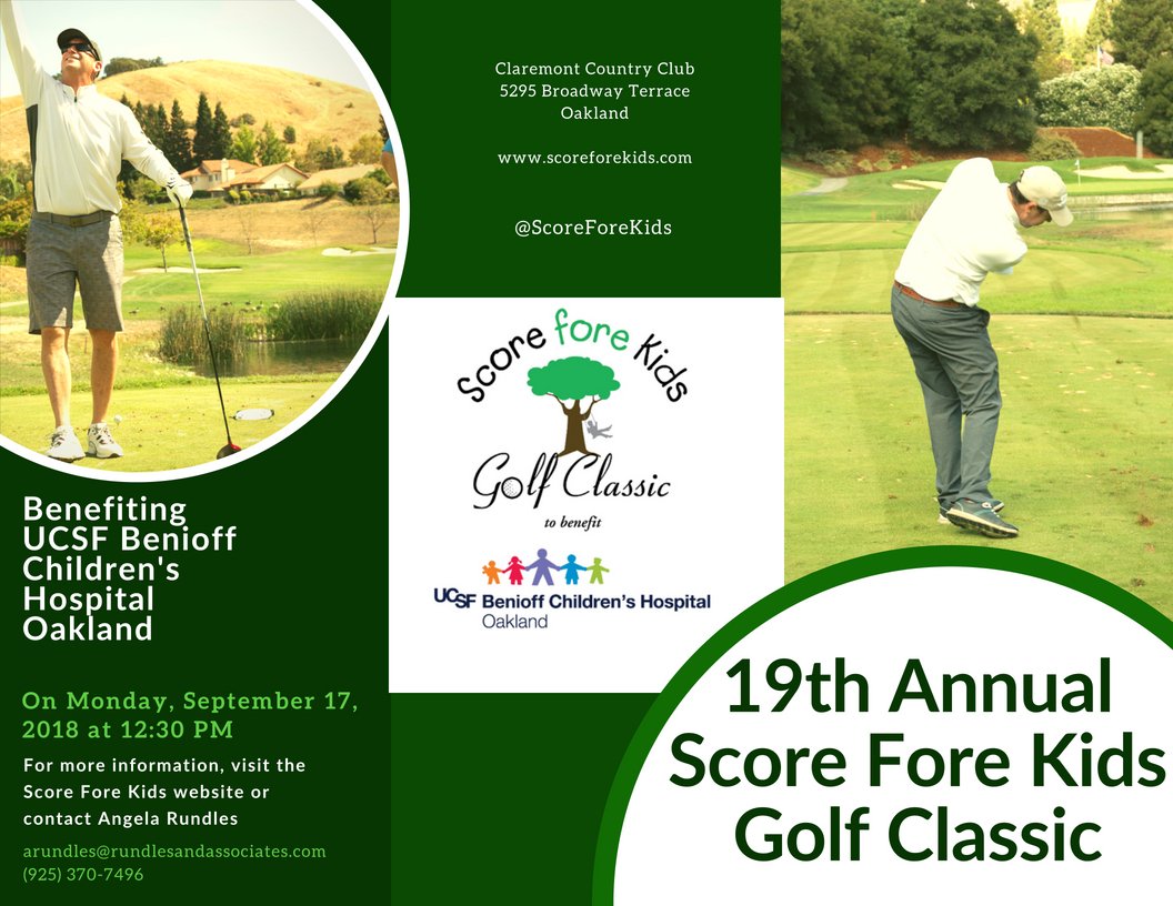 ScoreForeKids's tweet photo. Join us for the 19th annual Score Fore Kids Golf Classic to benefit UCSF Benioff Children's Hospital Oakland! Since 2000, the Score Fore Kids Golf Classic has raised nearly $2.5 million for the hospital and provided money to purchase several crucial pieces of equipment. #SFK2018 https://t.co/D3FsK5JfG3