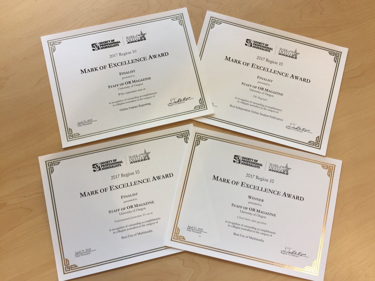 ORmagazine's tweet photo. Congrats to the 2017 OR Magazine team. Four SPJ Region 10 awards! #lifeasajstudent https://t.co/2DMKPwWliv