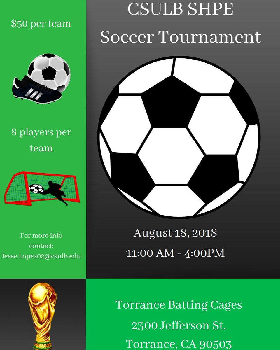 SHPE CSULB's 8th annual soccer tournament is approaching! Spots are limited so sign up soon!
goo.gl/forms/FEWogCdB…