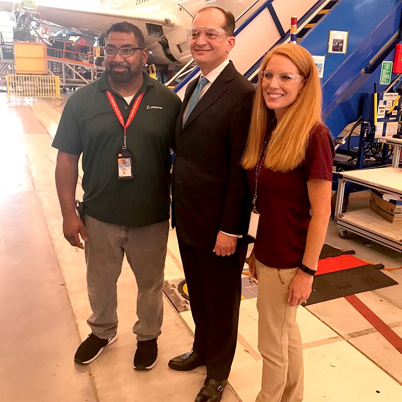 U.S. Secretary of Labor Alexander Acosta meeting workers at The Boeing Company in North Charleston, South Carolina.