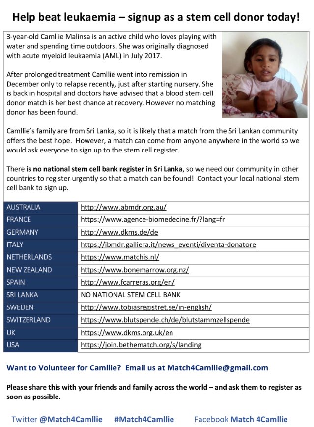sandieshokar's tweet photo. I and a newly formed army are seeking a @match4camllie. She’s 3 now and has been battling for 12 months. Her best chance is to find someone who is willing to be her donor and is enough of a match. It could be anyone anywhere in the world ! So wherever you are - please sign up https://t.co/cTyH0VDQw3