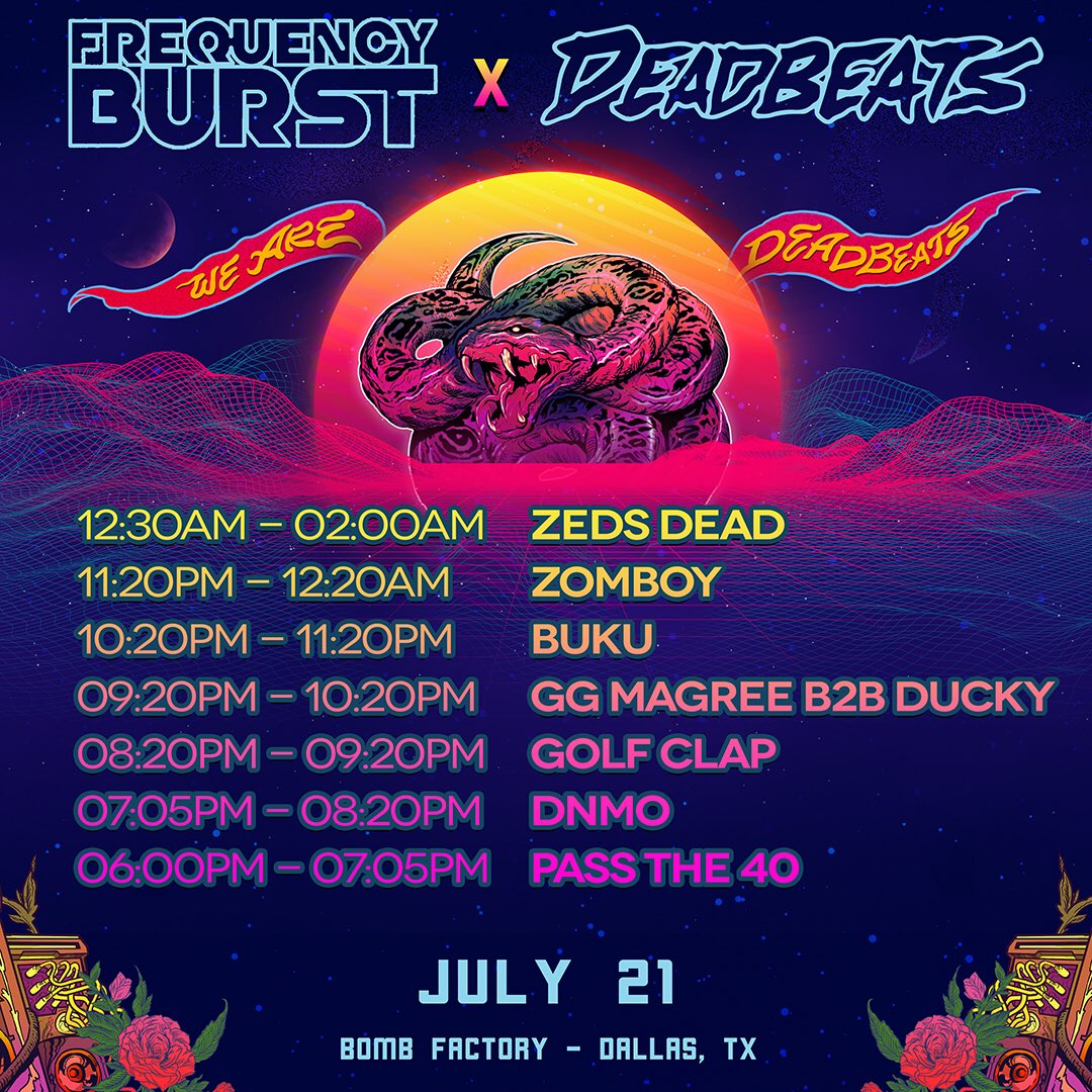 AfterDarkDallas's tweet photo. Presenting the official Frequency Burst set times! ⏰🙌 Get ready for blast off Cadets, we embark on the journey tomorrow at @bombfactorydfw! 🚀 Who are you most excited to see? https://t.co/etJOzkeUeC