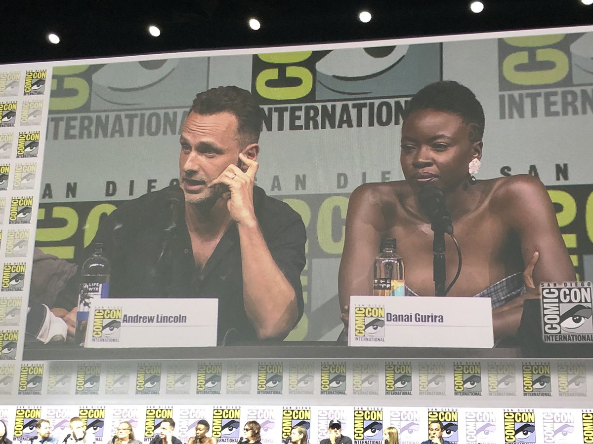 TheWalkingDead's tweet photo. “I’m going to take a break for a while. But I do have a real family and it is time for me to go home. But saying that, I have one eye on the script. Norman and Danai secretly send them to me. This is a real terrific season.” #TheWalkingDead #SkyboundSDCC https://t.co/W2DsE1fSwm