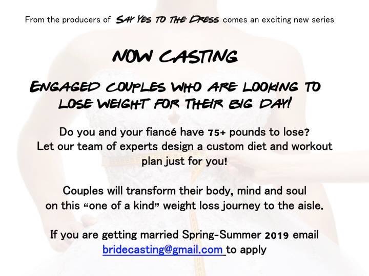 #NationwideCasting #RealityShow #EngagedCouples #Casting:(Paid) Have you always wanted your own trainer and nutritionist for free? If you are engaged and looking to get in shape, apply now!  Email bridecasting@gmail.com

#TagACouple 
#RealityShowCasting #EngagedCouplesCasting