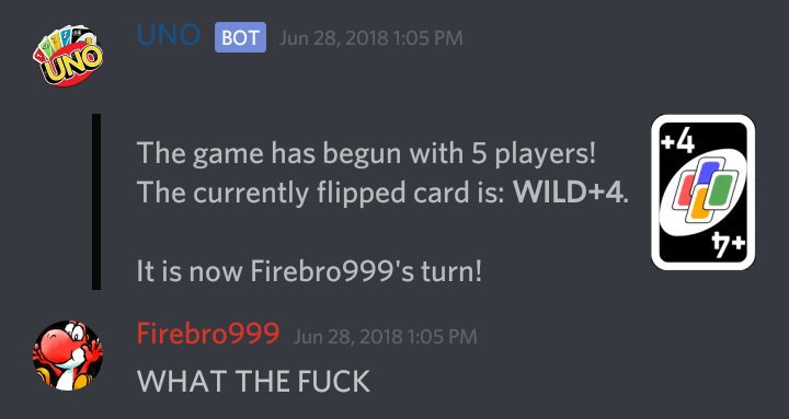 SwitchItUpTweet's tweet photo. UNO is all a fair game, until it comes to @firebro999's bad luck! #Discord #uno https://t.co/7lW2zMba1Y