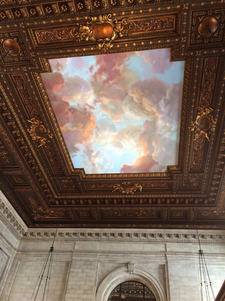 EJuly2018's tweet photo. New York Public Library, my best free time yet...beautiful architecture, talked at length w 3 New Yorkers: Bryant Park Art Station Visual Arts grad student,  library security guard about 2 year restoration of the carved and painted ceiling and a poet who performed his poems. https://t.co/Lbsu4yExH6