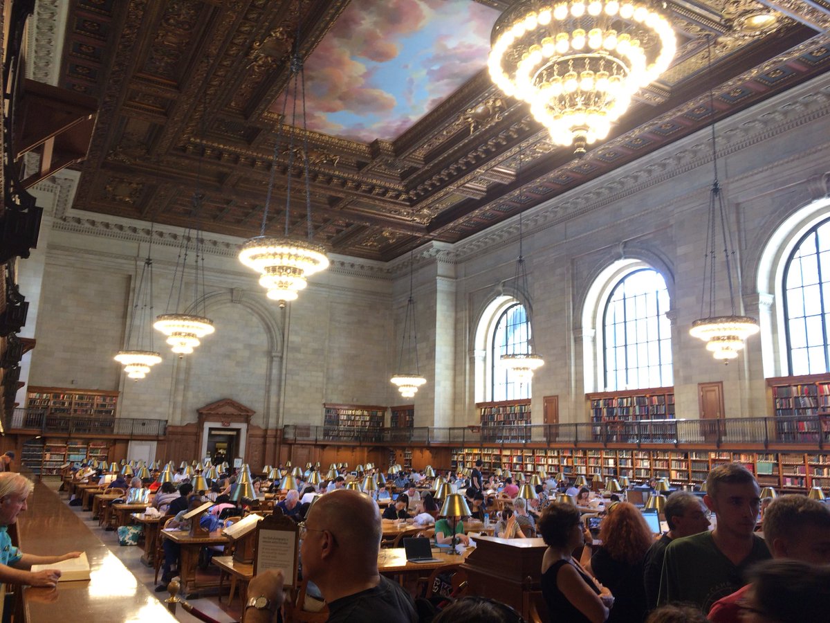 EJuly2018's tweet photo. New York Public Library, my best free time yet...beautiful architecture, talked at length w 3 New Yorkers: Bryant Park Art Station Visual Arts grad student,  library security guard about 2 year restoration of the carved and painted ceiling and a poet who performed his poems. https://t.co/Lbsu4yExH6