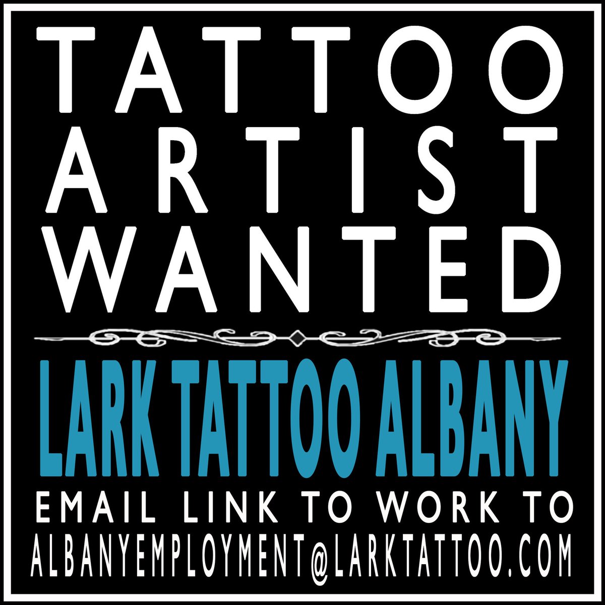LarkStTattoo's tweet photo. Lark Tattoo, Albany seeks tattoo artist. Applicants email work history, &amp; link to your work ALBANYEMPLOYMENT@LARKTATTOO.COM
#tattoo #tattooartist #tattoojob #jobposting #helpwanted #albany #albanyjob #albanyjobposting #albanyhelpwanted #tattoohelpwanted #tattooartistwanted https://t.co/7vakXcgAPV