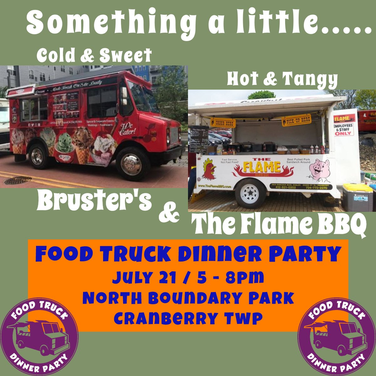Dinner &amp; Dessert - BAM! Keep the kitchen clean, come out and enjoy The Flame BBQ &amp; <a href="/brusterstruck/">Bruster's Truck</a> at Saturday's (7/21) <a href="/FoodTruckDP/">FoodTruckDinnerParty</a> #fundraiser. 
#PGH #dinnertime #SaturdayNight #Pittsburgh #weekend