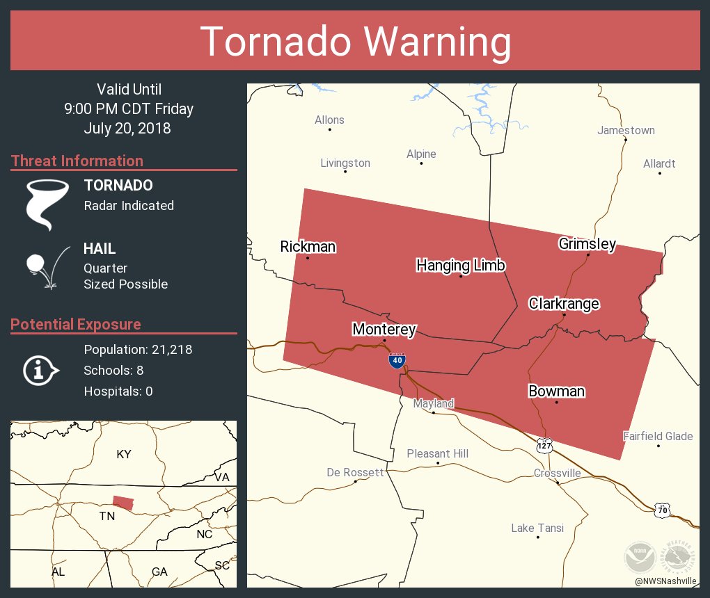 Tornado Warning Tornado Warning including Monterey TN, Grimsley TN