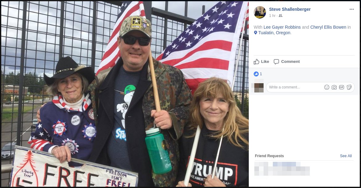 Steve Shallenberger, who has participated extensively in Joey Gibson's events, is a fascist from the Eugene area who was a Nazi bonehead affiliated with American Front in the 90s.  https://rosecityantifa.org/articles/shallenberger-set/  https://pugetsoundanarchists.org/american-patriots-brigade-and-neo-nazi-organizing-on-discord-its-worse-than-you-think/