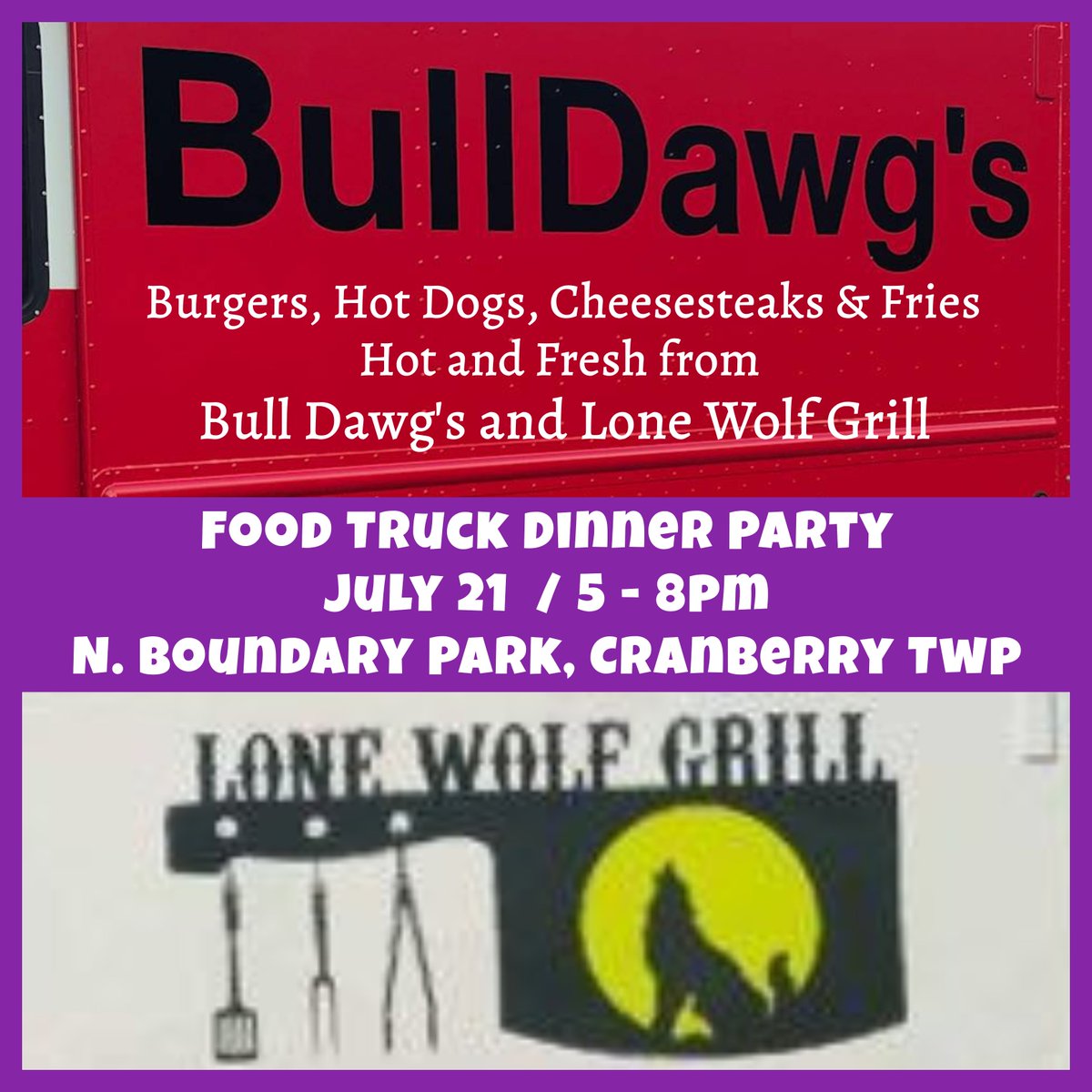 The animal kingdom is taking over the <a href="/FoodTruckDP/">FoodTruckDinnerParty</a>. Come enjoy hot dinner treats from <a href="/BullDawgspgh/">BullDawgs</a> &amp; @lonewolfgrill, Sat. 7/21 from 5-8pm.
#PGH #Pittsburgh #Saturday #Weekend #foodtrucks #yummy #fundraiser