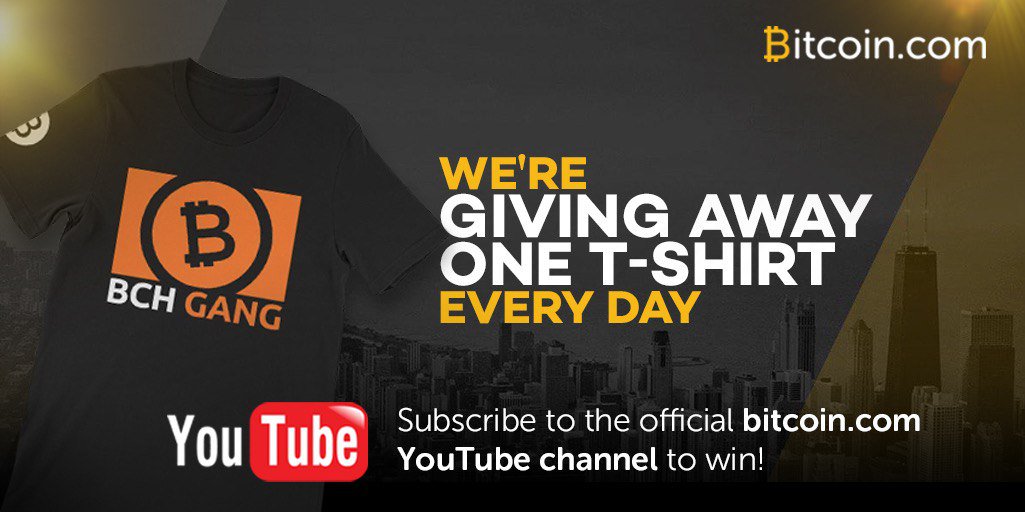 BitcoinCom's tweet photo. Retweet - Day 9 of GIVEAWAY:

To celebrate the #BitcoinCash birthday we're going to give away one shirt EVERY day for the next 30 days.

All you need to is SUBSCRIBE to our YouTube channel:
https://t.co/lQTEtbvhDs

Retweet for luck 🍀 Winners announced here daily! #bitcoin https://t.co/2dKWERuV09