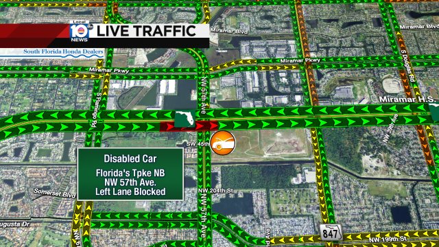 DISABLED CAR: Florida's Tpke NB & NW 57th Ave. A left lane is blocked causing delays. #TRAFFIC https://t.co/7421zhDIUj