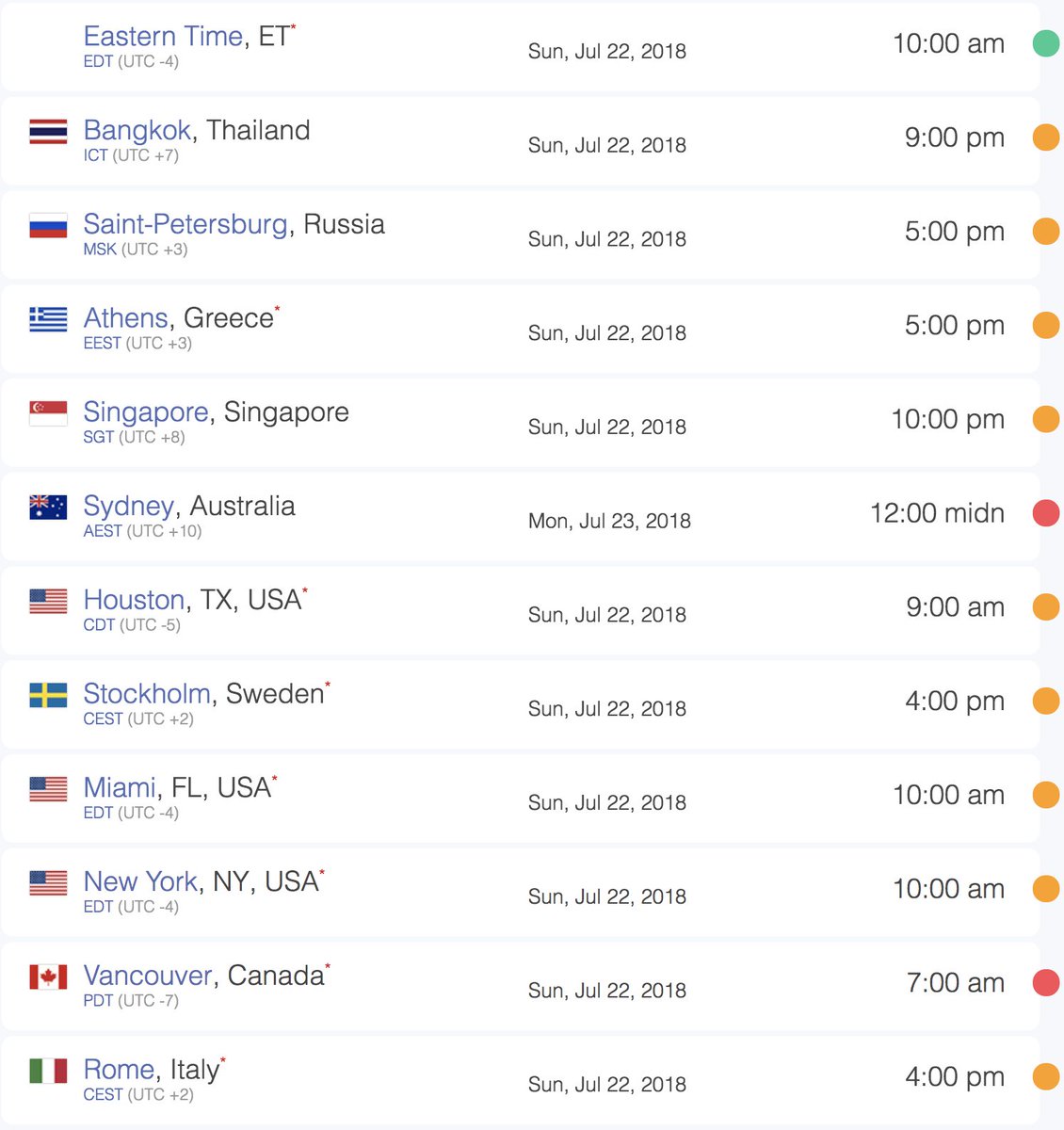 Converted timezone in some city.🍊💖🦇

July 21 &amp; 22, 2018
10:00 AM. EDT✨