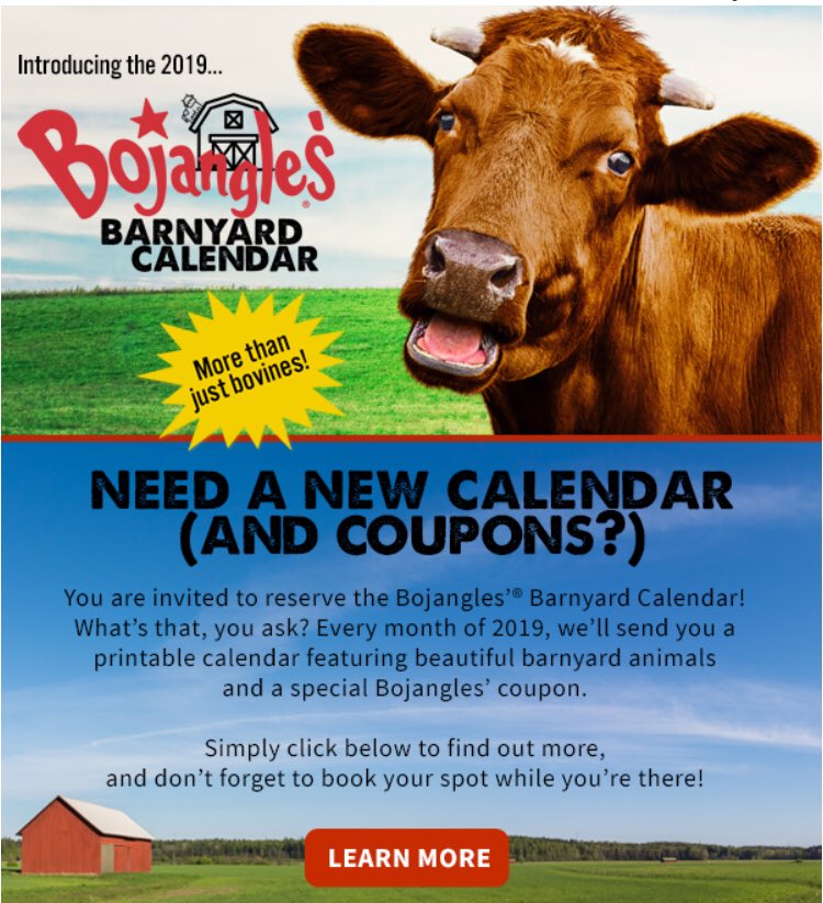 StephPittmanRN's tweet photo. ⁦@ChickfilA⁩ it looks like ⁦@Bojangles1977⁩ is appealing to your disappointed customers with their own version of the cow calendar. #listentoyourcustomers https://t.co/d8LzWvWUwo