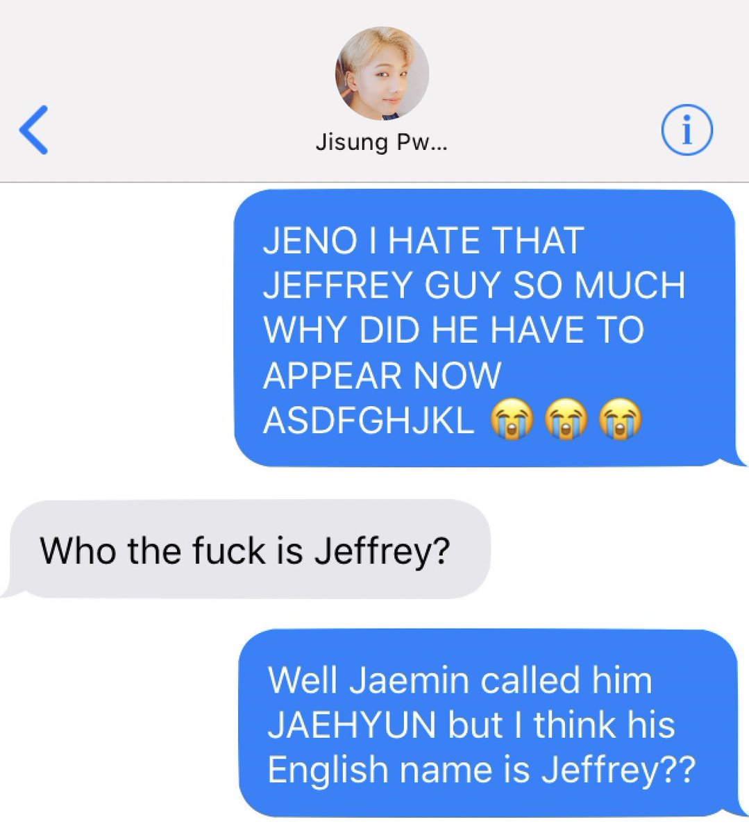 trouble in paradise? (jisung is talking to jeno i messed up on the icon sorry for the confusion! jisung is blue and jeno is gray)