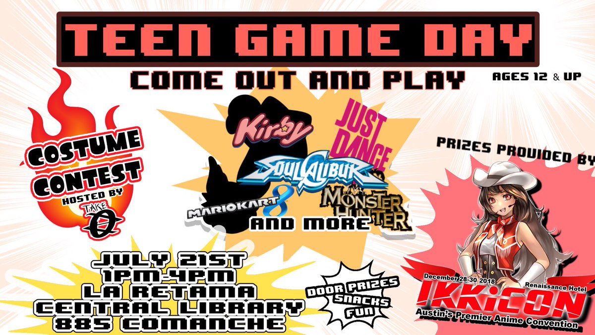 TakeZeroTV's tweet photo. Join us tomorrow from 1-4 at the La Retama Central Library in Corpus Christi, TX for a full day of gaming activities! We’re hosting a video/board game costume contest, with prizes provided by #Ikkicon !! See you there! https://t.co/KQdaUmFX4m