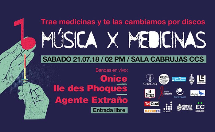 culturachacao's tweet photo. Trae una medicina vigente y te la cambiamos por un disco (nuevo o usado). Y luego disfruta de la música en vivo de @onice_oficial, IIes des phoques y Agente Extraño. Sábado #21Julio #MúsicaporMedicinas 
#SalaCabrujas 2:00pm
@CrestaMetalica @RedesAyuda 
@_Provea 
@duquegustavoS https://t.co/MjXcIDkd5p