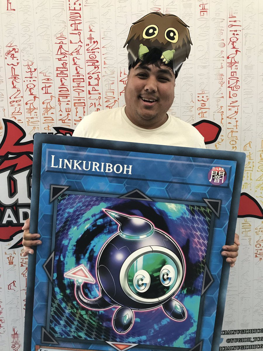 Congrats to today's winner of the ATTACK OF THE GIANT CARD!! tournament,  Jeffrey Louangkhamhan (sporting a fashionable Kuriboh headband) who chose  Linkuriboh! One more tournament at 2:00 PM tomorrow on Saturday 7/21,